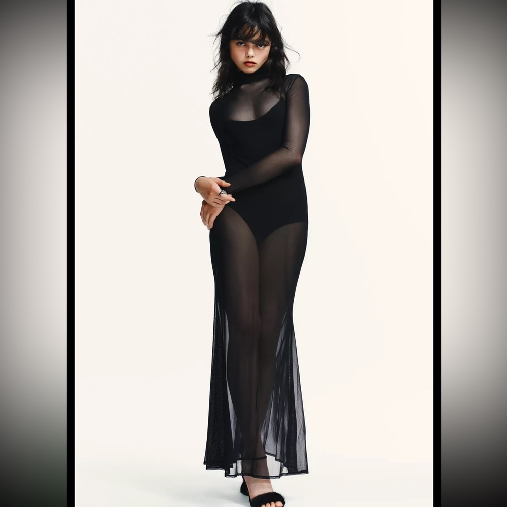 Zara limited edition Semi Sheer Black Maxi Bodysuit Dress